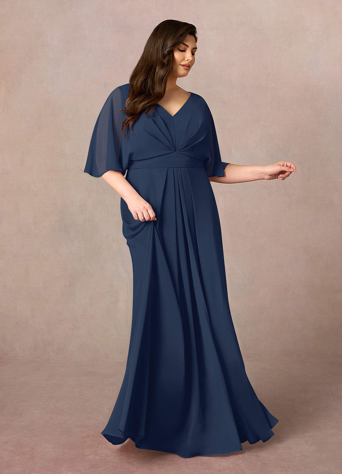 Azazie Oksana Dark Navy A-Line V-Neck Pleated Chiffon Dress