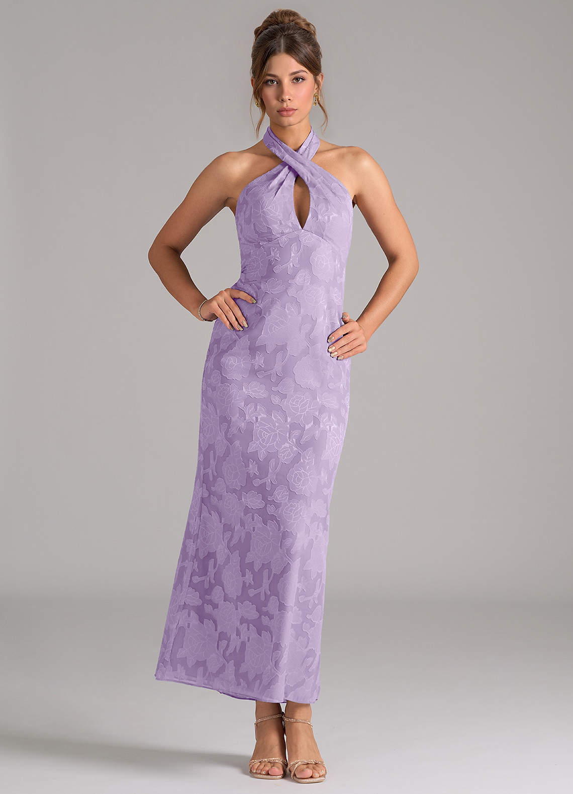 Azazie Marlissa Bridesmaid Dresses Lilac Sheath Pleated Floral Burnout Dress image1