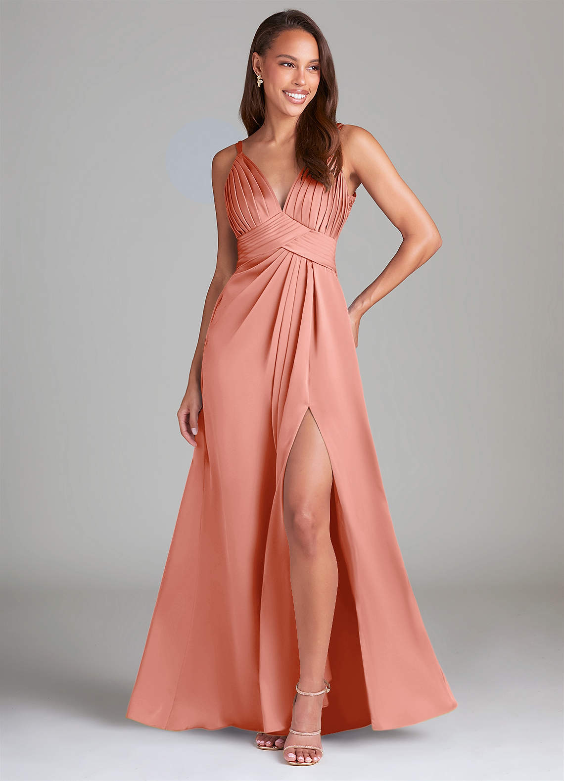 Azazie Maren Allure Bridesmaid Dresses Coral A-Line Lace Stretch Satin Dress image1