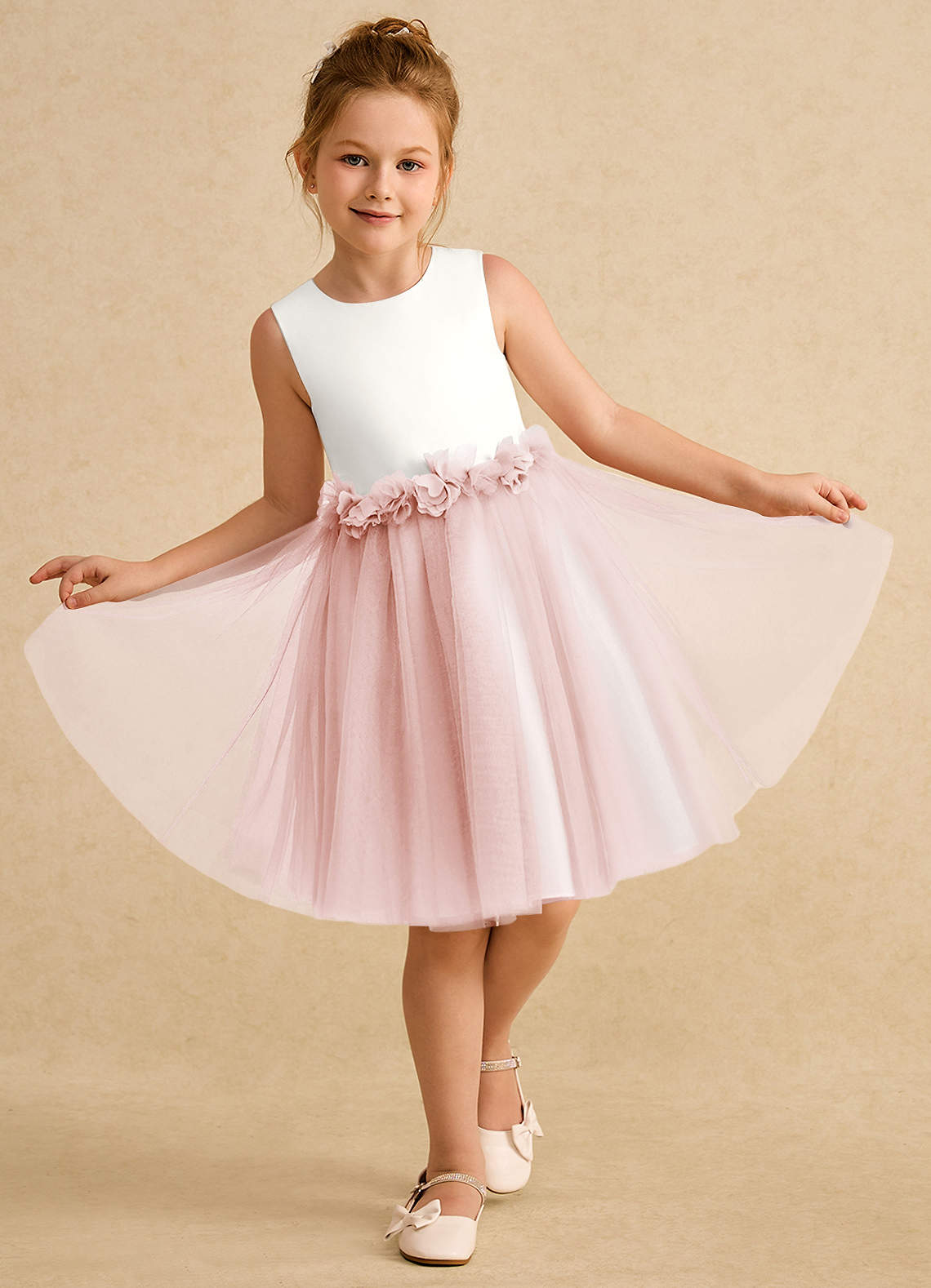 Azazie Louisa Vestidos de florista Vestido Marfim Rosa Corado de Tule de Linha A com Sem mangas image3