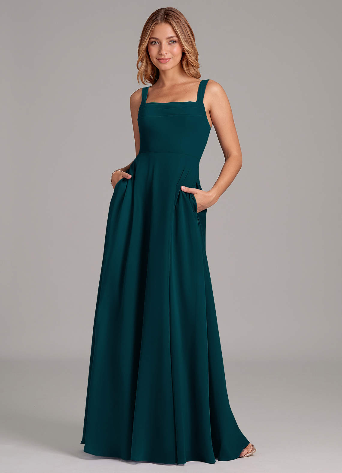 Azazie Shaude Bridesmaid Dresses Pine A-Line Pleated Chiffon Dress image1