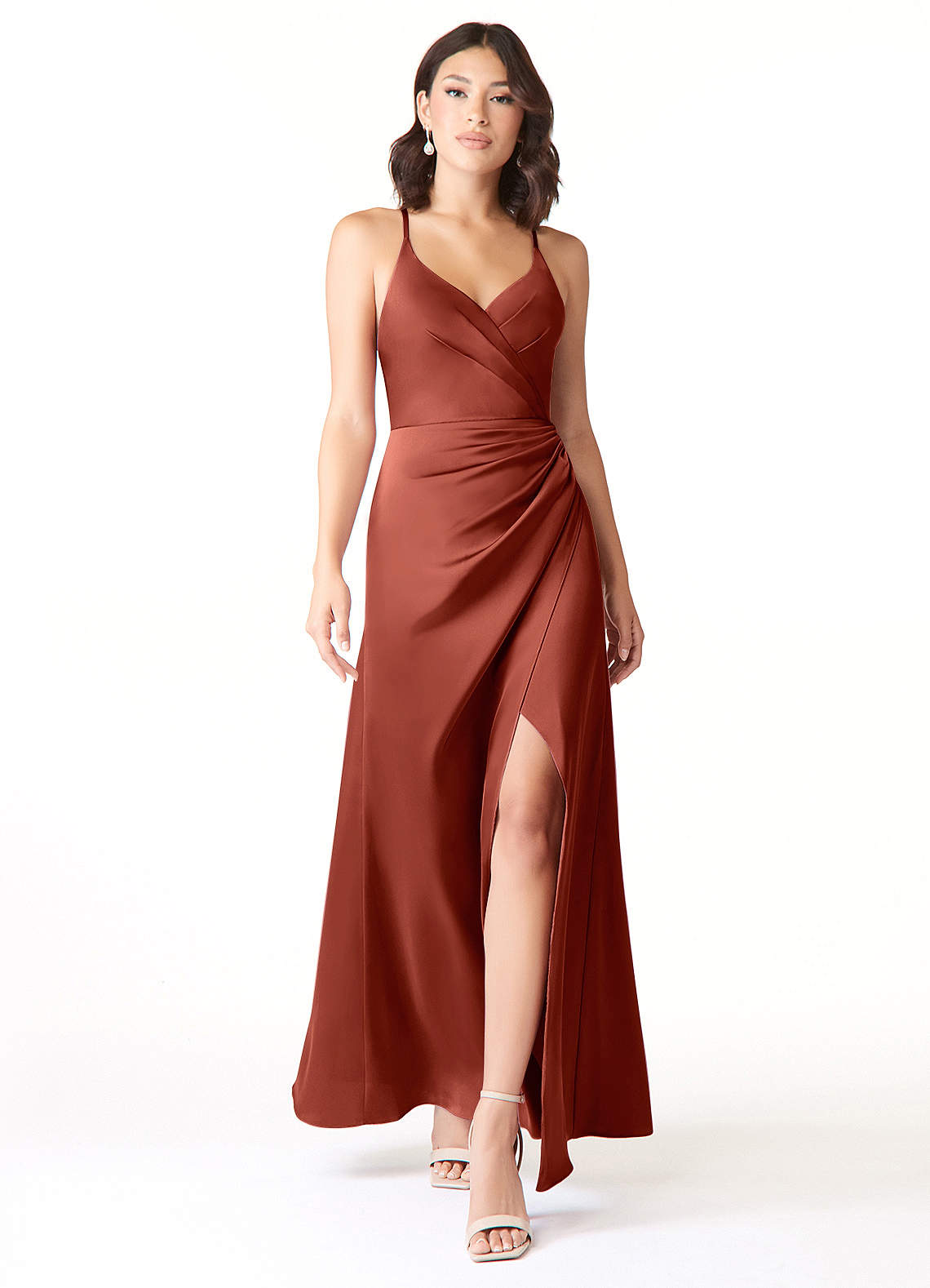 Azazie Geanna At-home Try On Dresses Matcha Sheath V-Neck Pleated Stretch Satin Dress image1