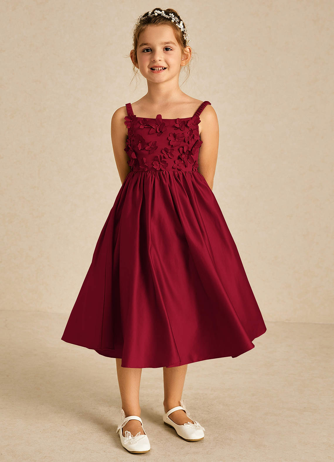 Azazie Midge Flower Girl Dresses Burgundy A-Line Bow Matte Satin Dress image1