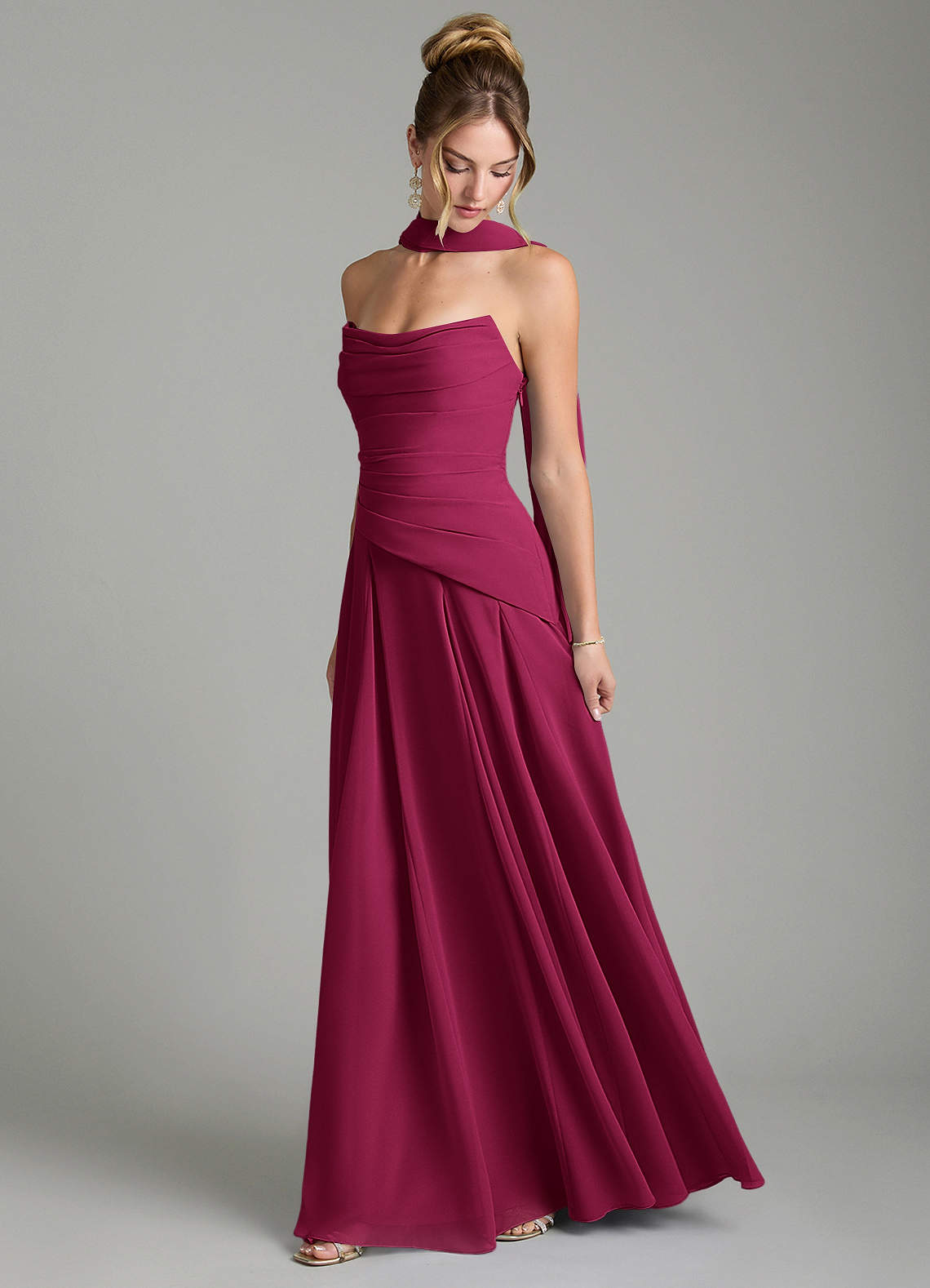 Azazie Gabriela At-home Try On Dresses Burgundy A-Line Corset Chiffon Dress image3