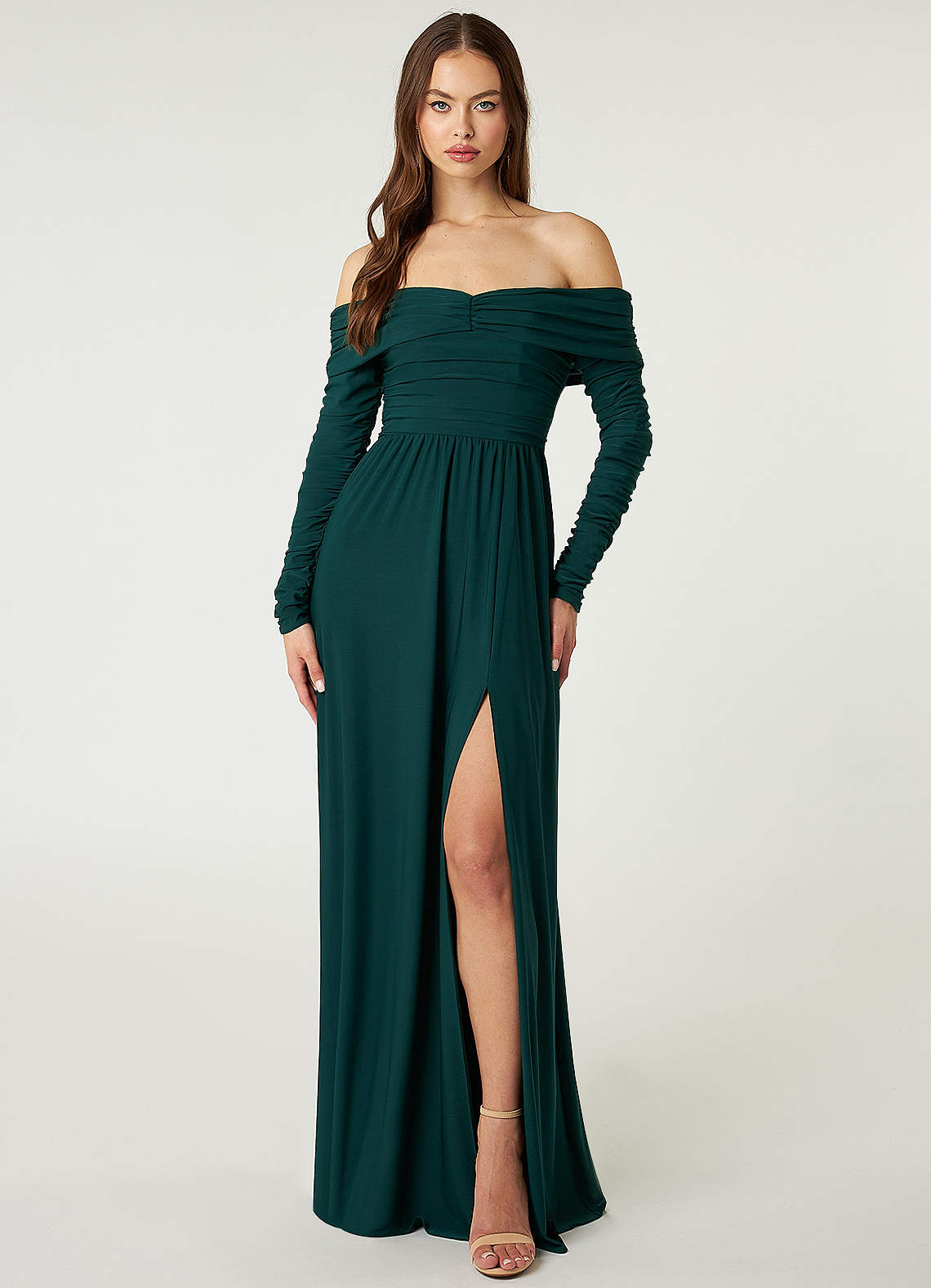 Azazie Logan Bridesmaid Dresses Sheath Off the Shoulder Luxe Knit Floor-Length Dress image1