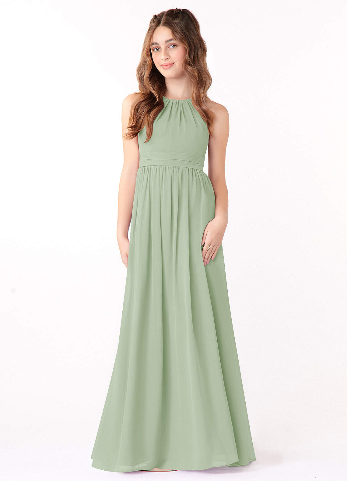 Azazie Jaylah Junior Dusty Sage A-Line Ruched Chiffon Dress image1