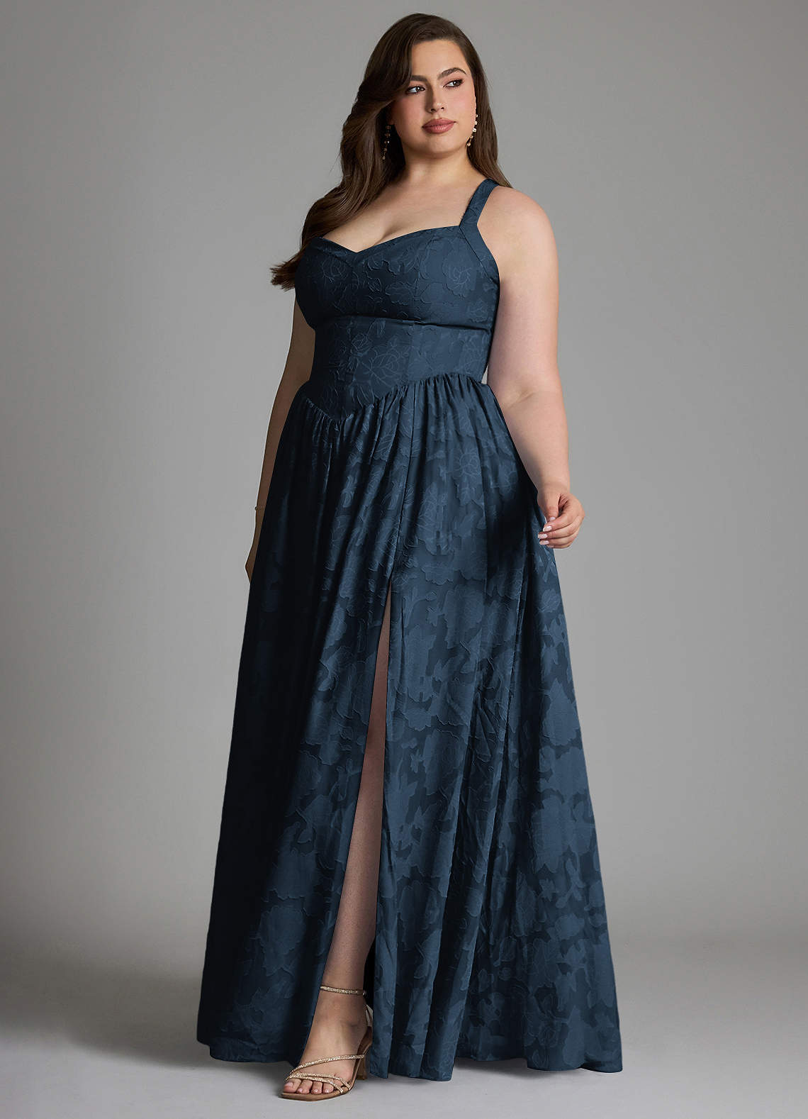Azazie Francis At-home Try On Dresses Dark Navy A-Line Corset Floral Burnout Dress image11