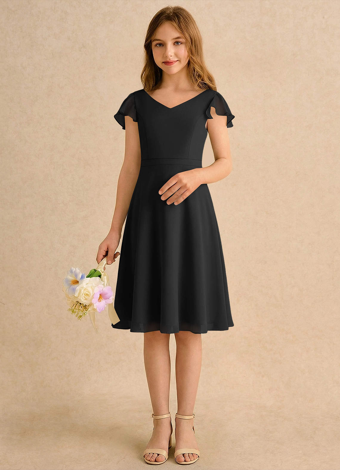 Azazie Narin Girls Formal Flower Girl Klänningar Klä A-Line i Chiffong med ärmar image2
