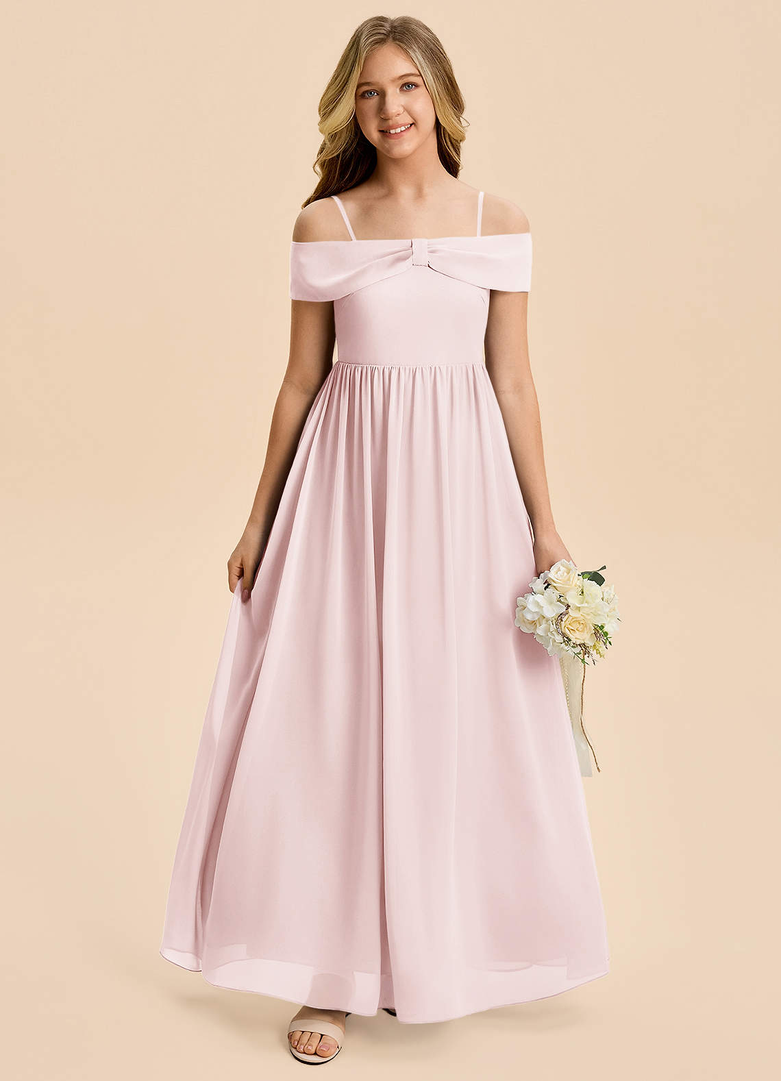Azazie Coran Junior A-Line Off-Shoulder Chiffon Gulv-længde Junior brudepige Kjole image2