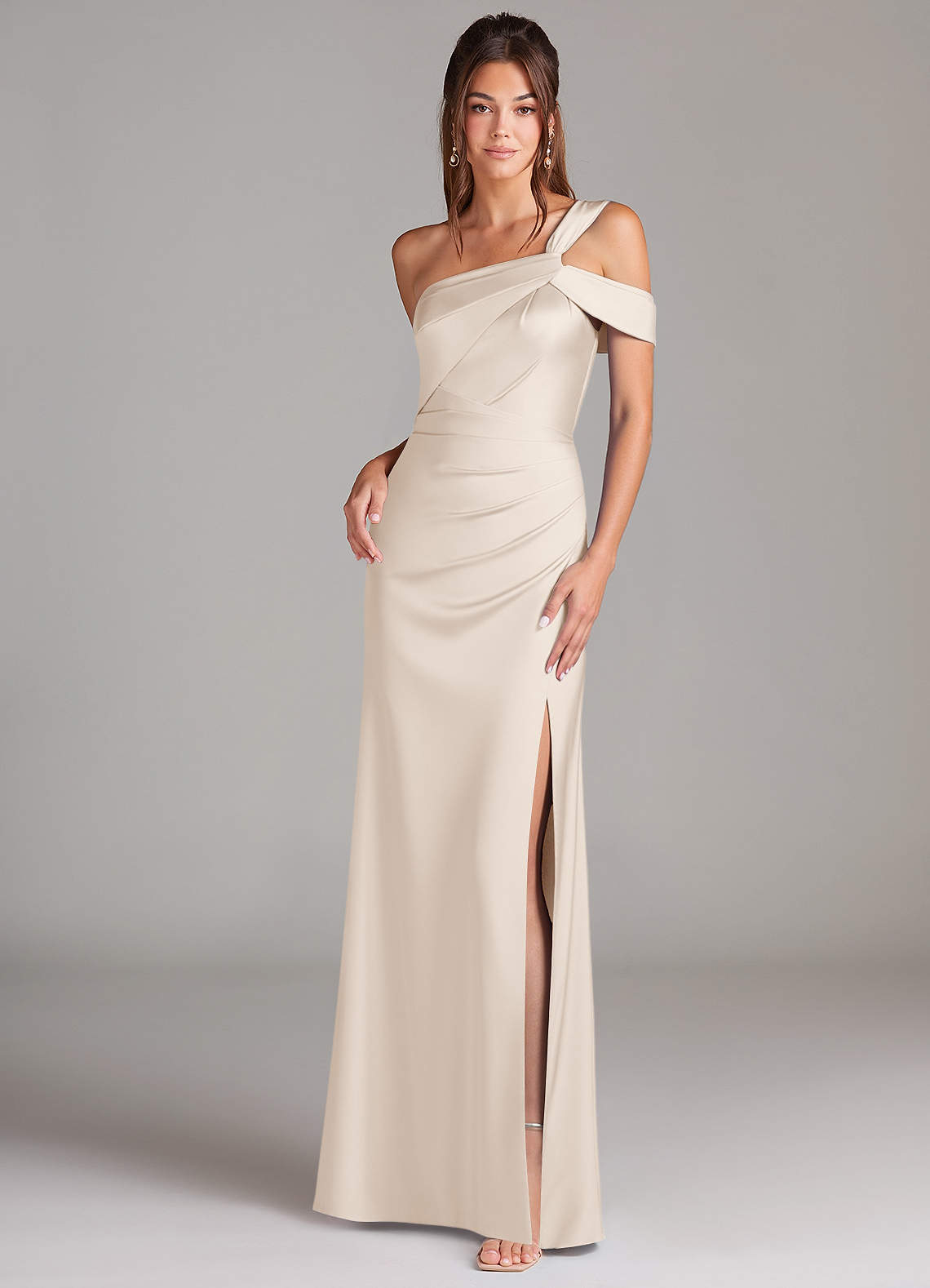 Azazie Wynter Bridesmaid Dresses White Alabaster Sheath Off the Shoulder Stretch Satin Dress image1
