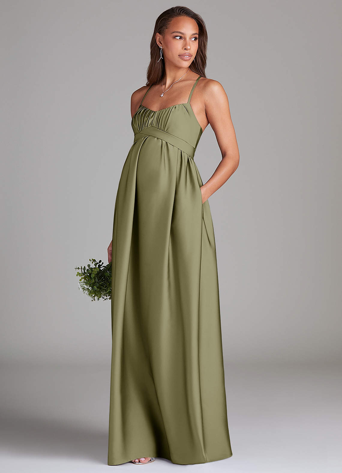 Azazie Llana At-home Try On Dresses A-Line Stretch Satin Floor-Length Dress with Pockets image2