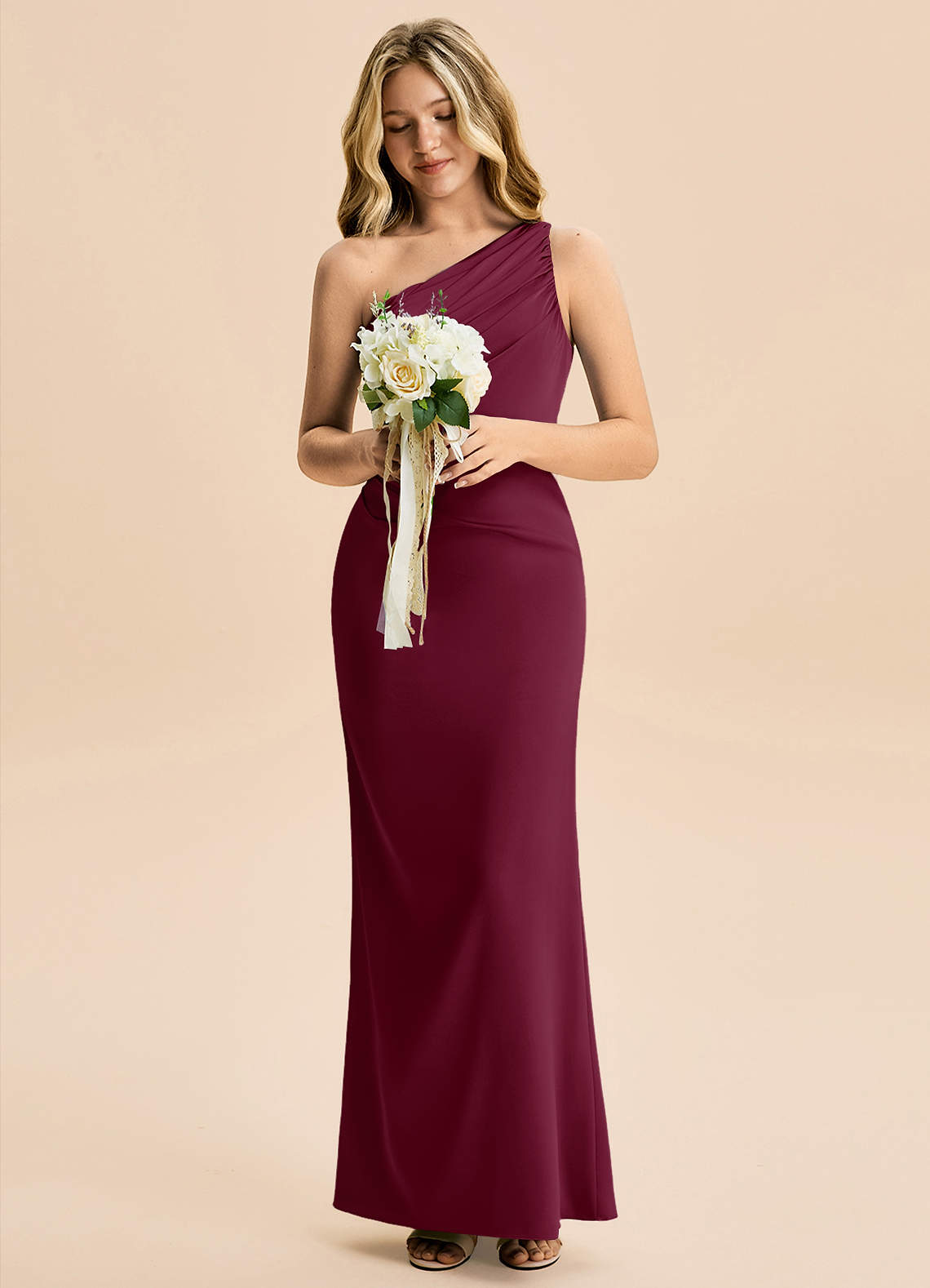 Azazie Akilah Junior Jurk van Stretch Satijn met Kolom Geplooid Moerbei image3