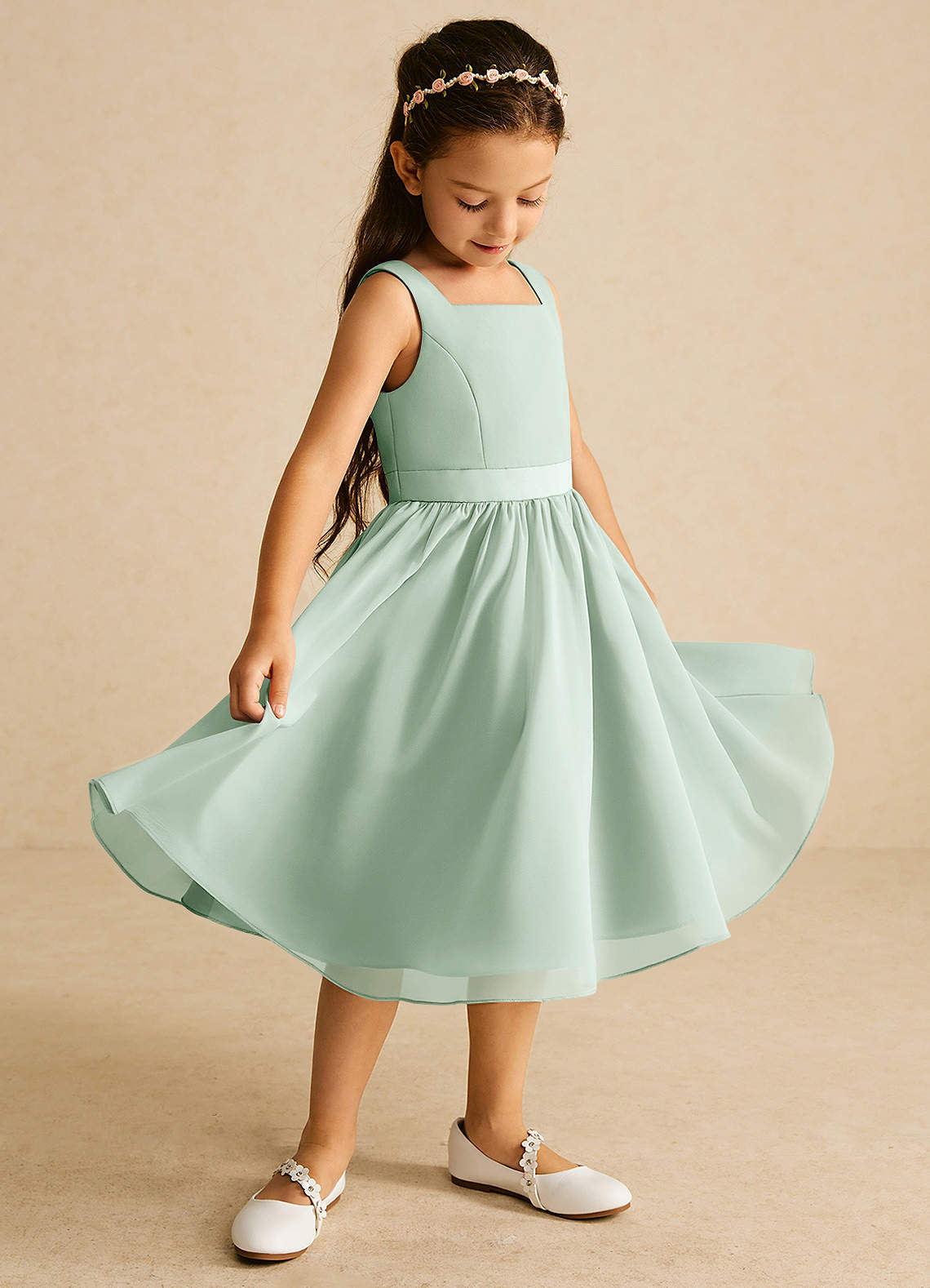 Azazie Ari Flower Girl Dresses Agave A-Line Sleeveless Chiffon Dress image1