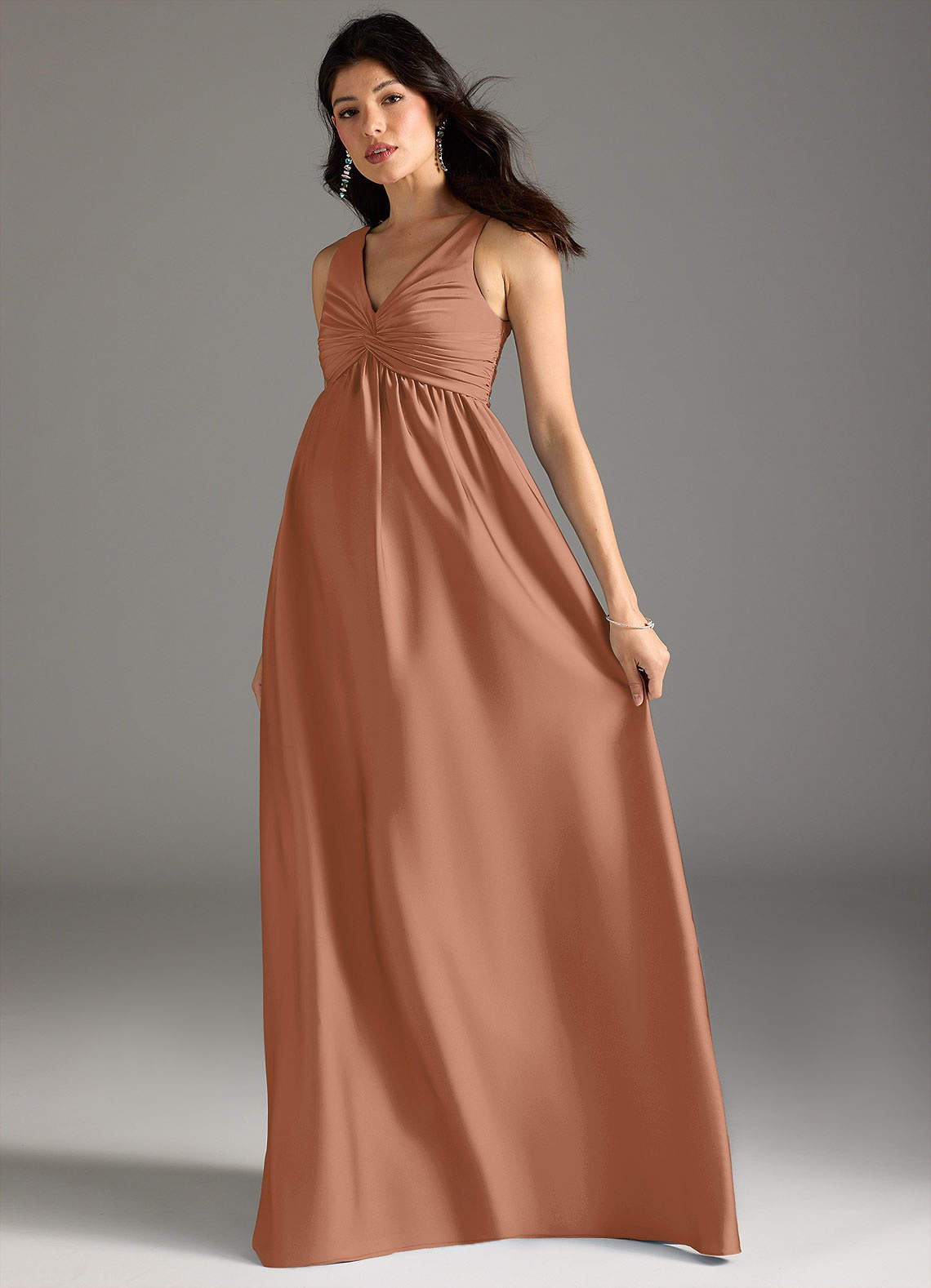 Azazie Yetta At-home Try On Dresses A-Line Pleated Stretch Satin Floor-Length Dress image5