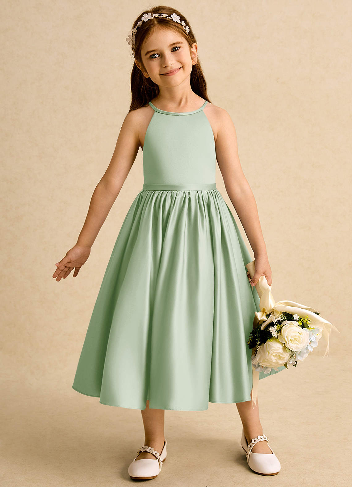 Azazie Indi Flower Girl Dresses Dusty Sage A-Line Bow Matte Satin Dress image1