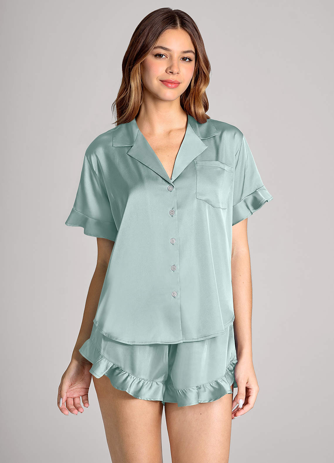 front Matching Color Ruffled Satin Short Sleeve Pajama Set
