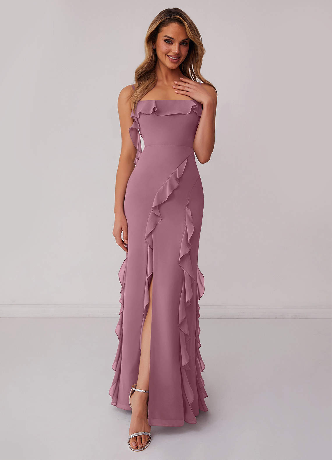 Barbie ♥ Azazie Bridesmaid Dresses Vintage Mauve Sheath Bow Chiffon Dress image1