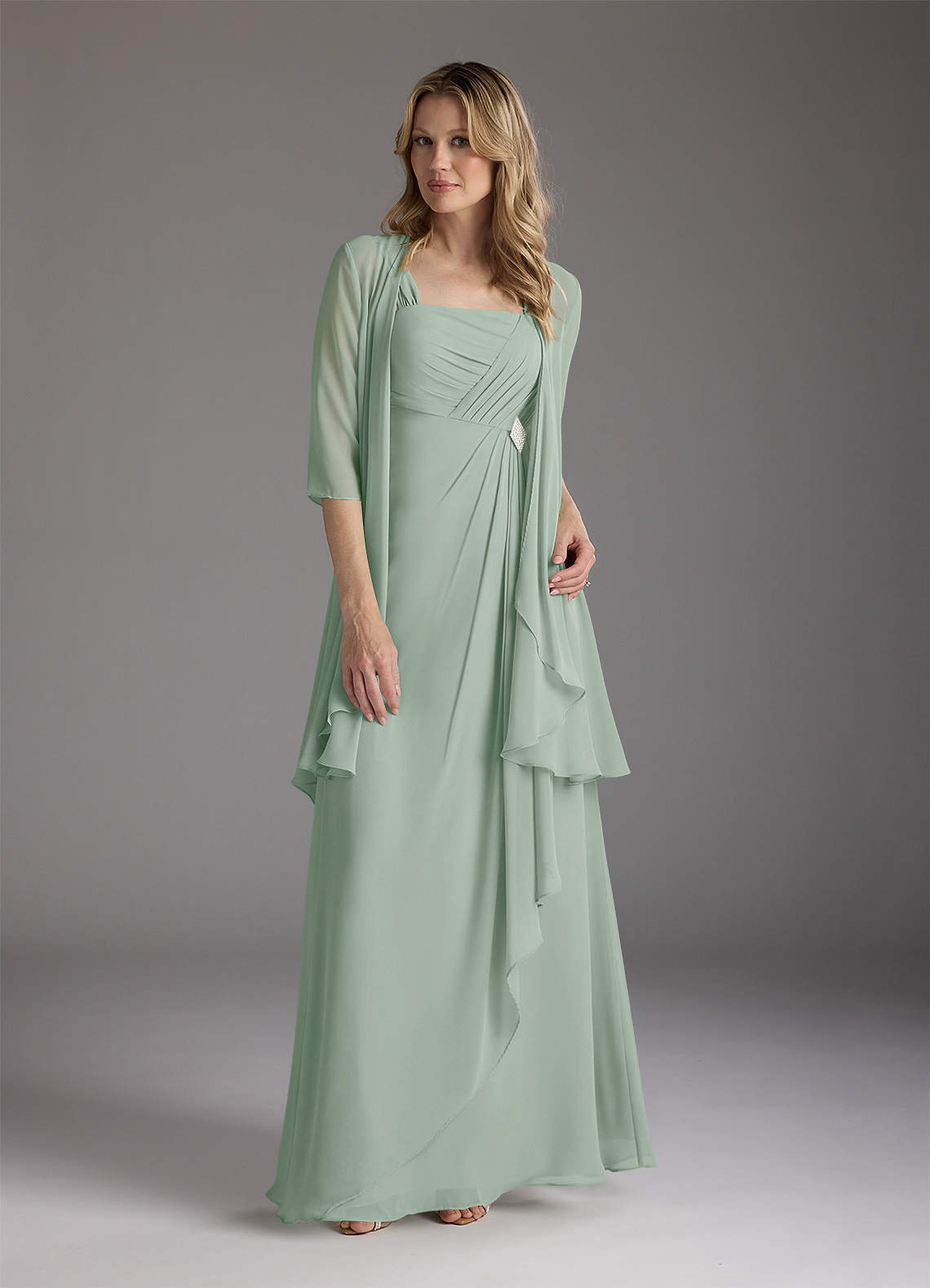 Azazie Weisz At-home Try On Dresses Agave A-Line Square Neckline Pleated Chiffon Dress image2