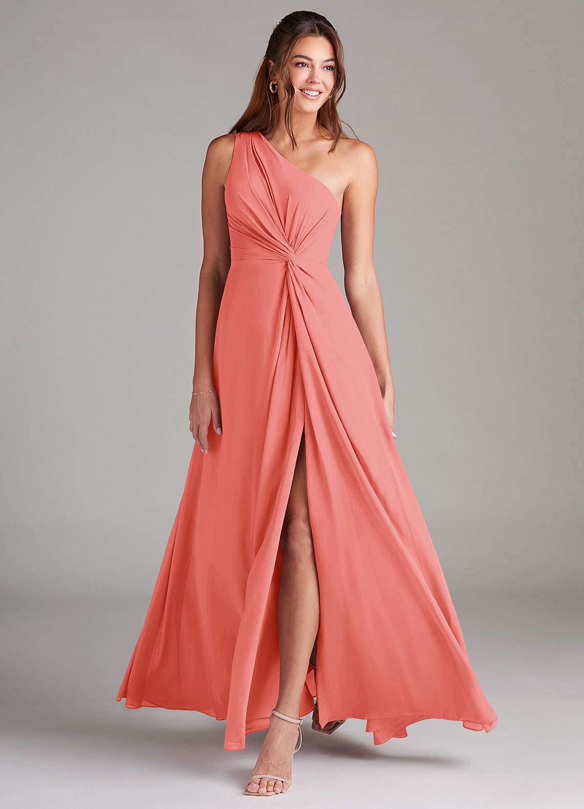 Azazie Brooke Bridesmaid Dresses Coral A-Line One Shoulder Chiffon Dress image2
