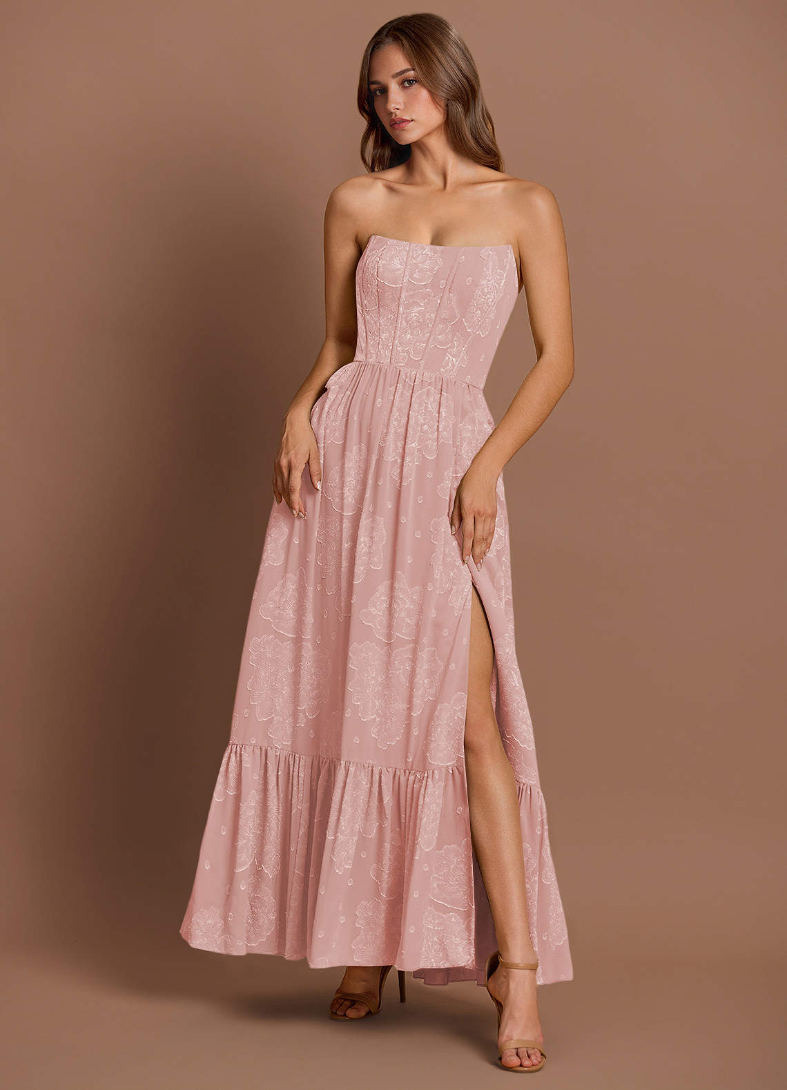 Azazie Plus Size Maxi Dresses A-Line Wedding Guest Semi-Formal Dresses Straight Powder Pink