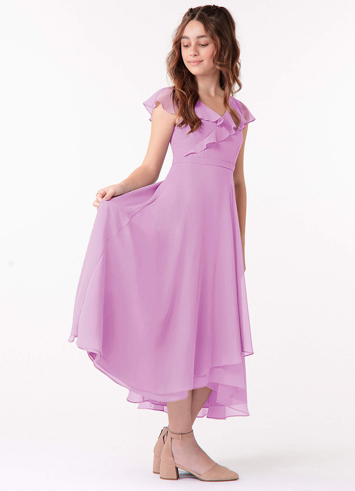Azazie Posie Junior Candy Pink A-Line Ruched Chiffon Dress image2