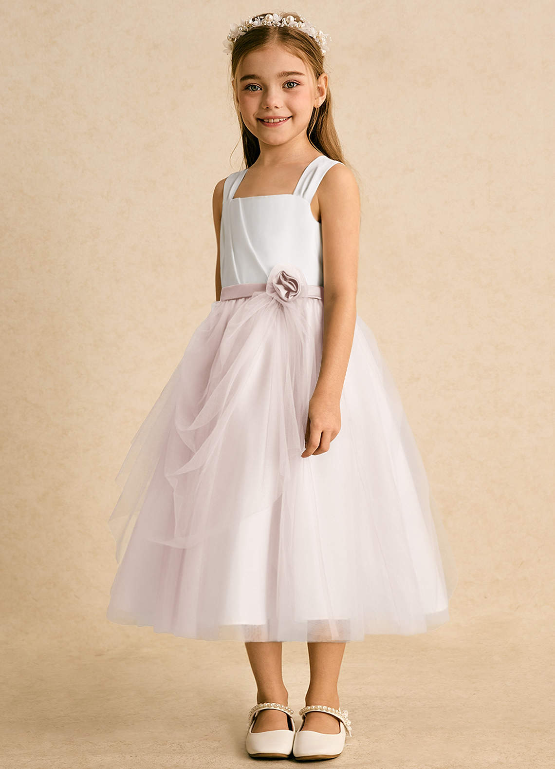 Azazie Bonny Flower Girl Dresses Ivory Rose Petal Ball-Gown Pleated Tulle Dress image1