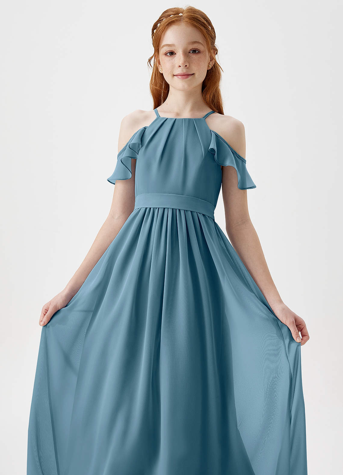 Azazie Chaya Junior Bermuda A-Line Off the Shoulder Chiffon Dress image1