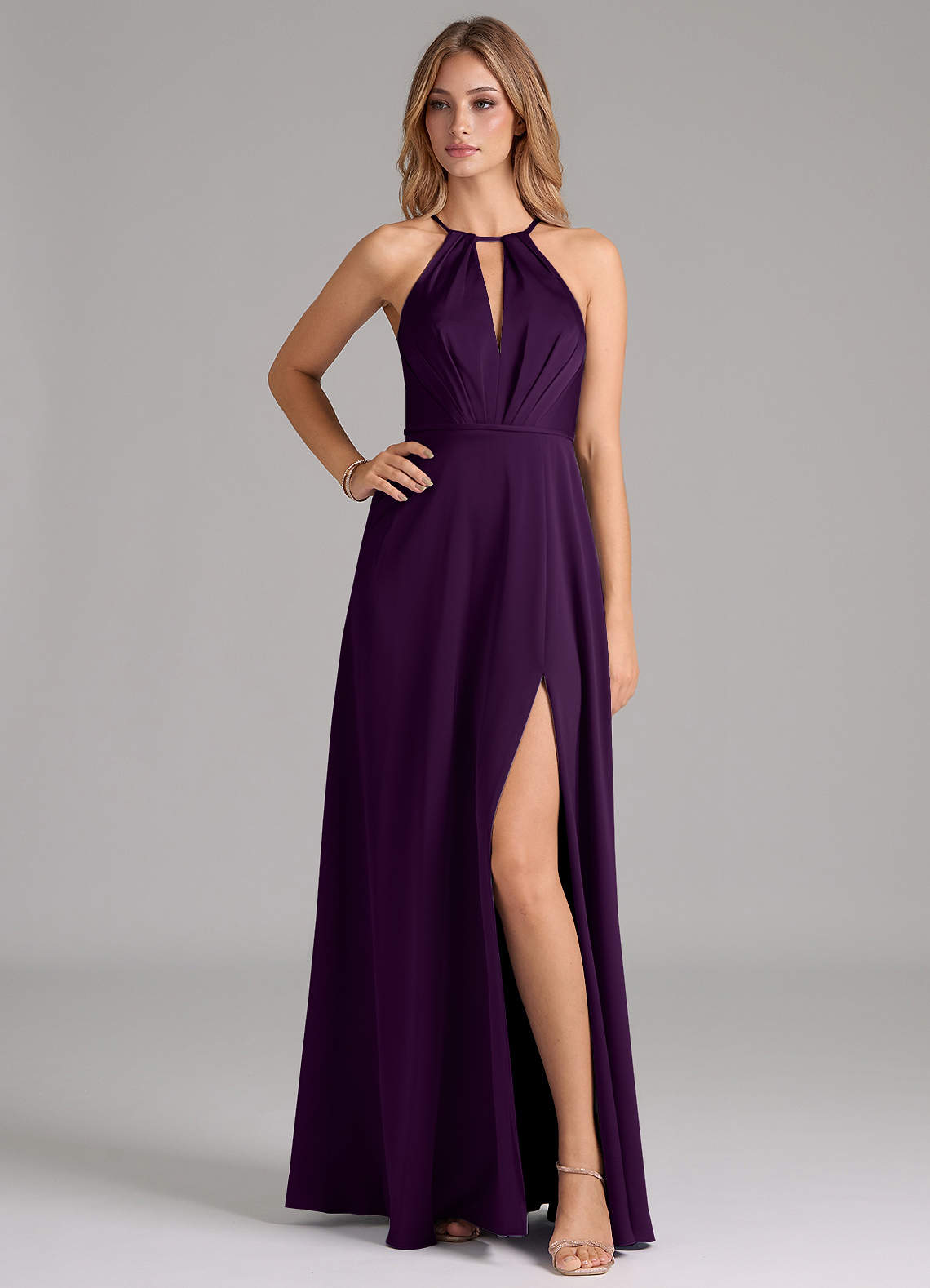 Azazie Evalleen Bridesmaid Dresses Grape A-Line Pleated Stretch Satin Dress image1