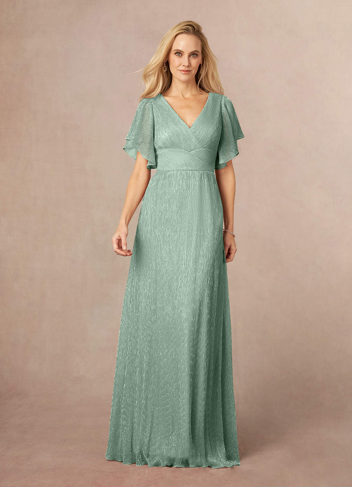 Azazie Kathryn Mother of the Bride Dresses Aquamarine A-Line V-Neck Flutter Sleeve Metallic Mesh Dress image1