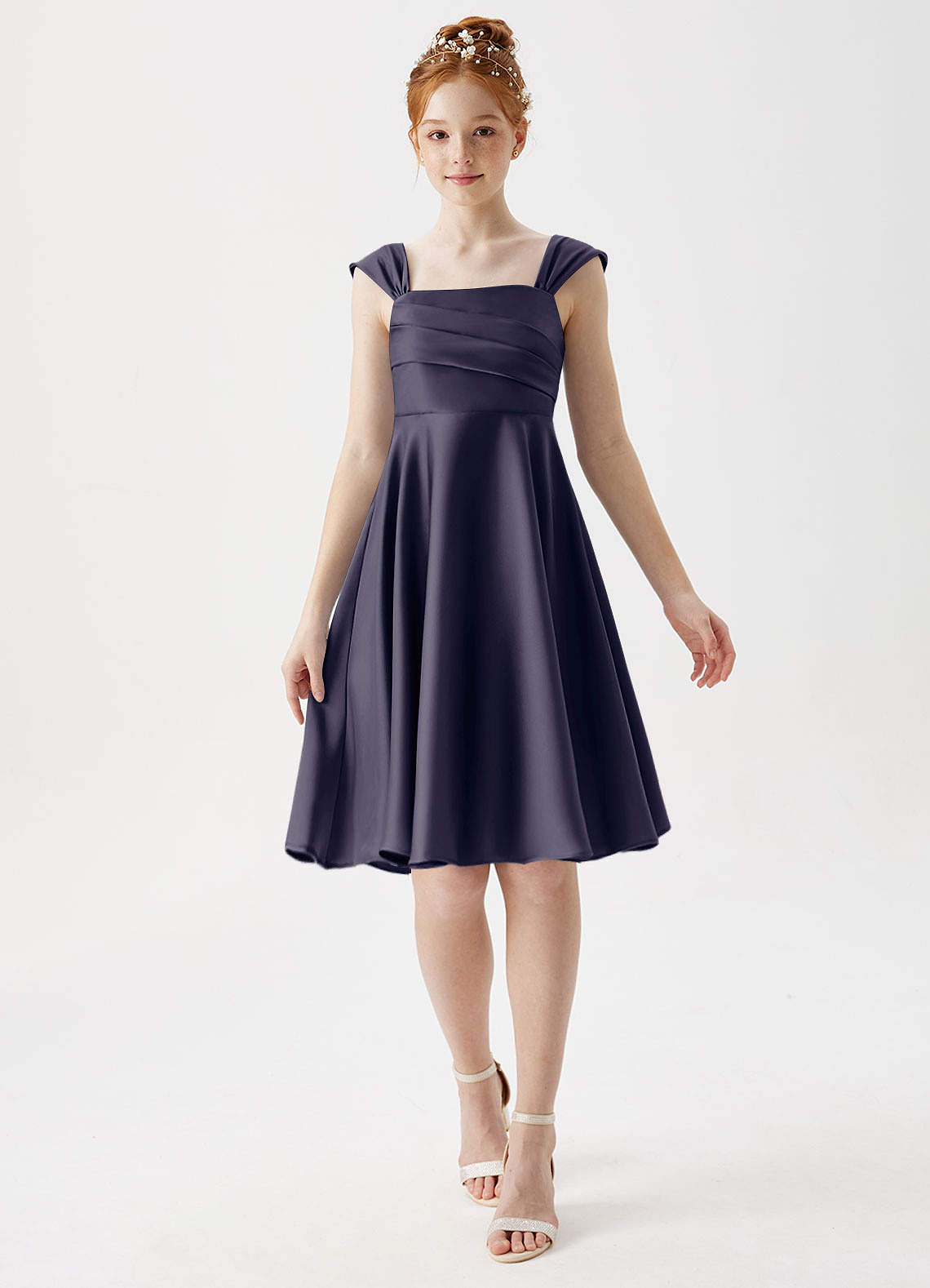 Azazie Amira Junior Stormy A-Line Pleated Stretch Satin Dress image1