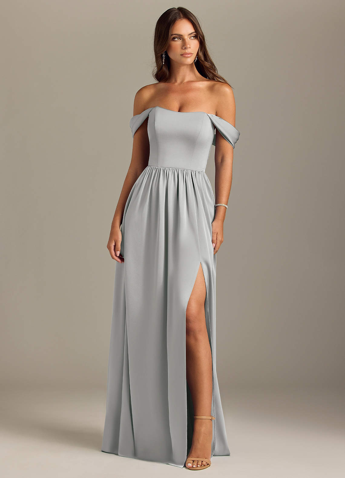Azazie Calianna Bridesmaid Dresses Silver A-Line Off the Shoulder Stretch Satin Convertible Dress image1