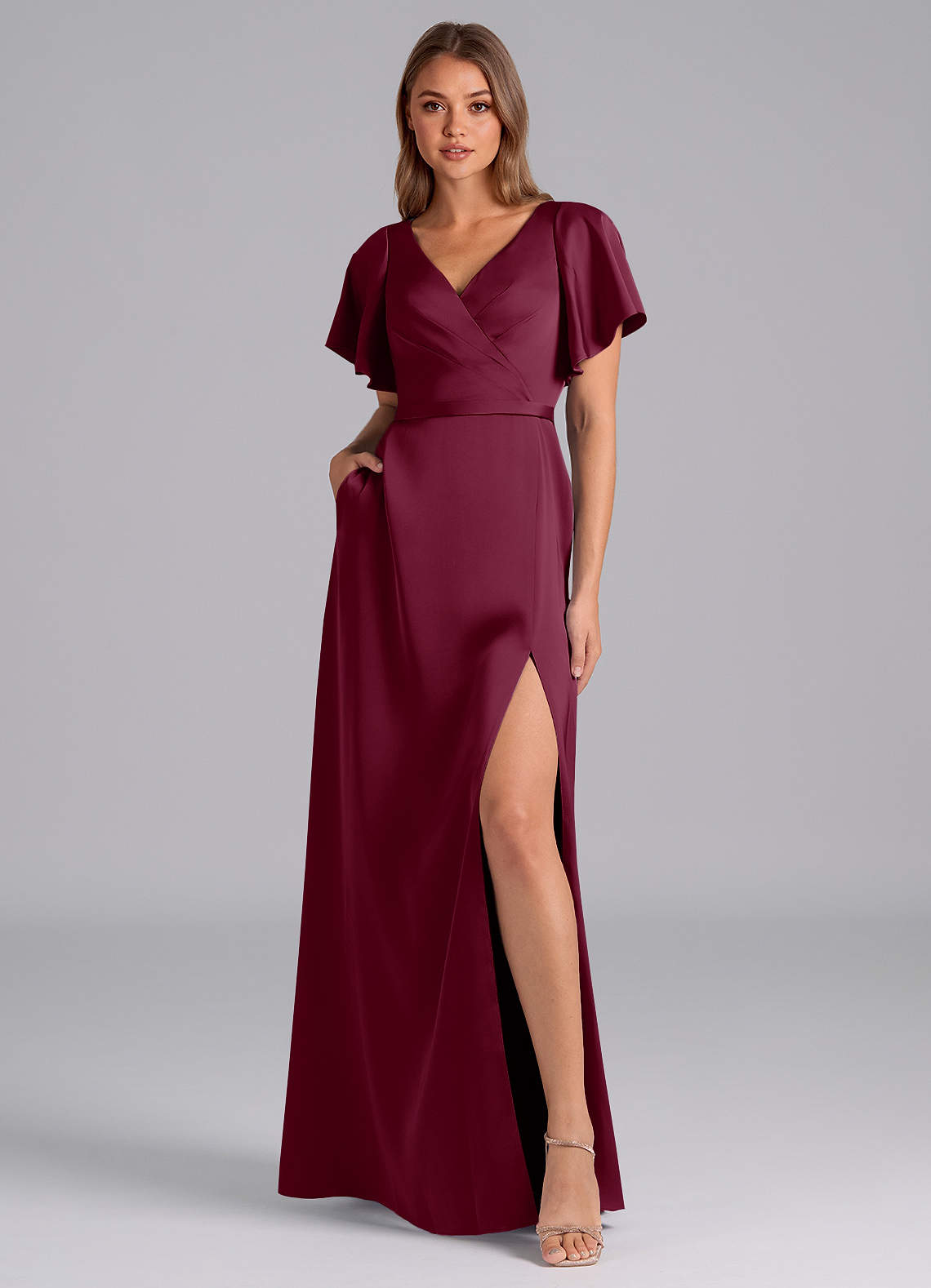 Azazie Ambrosia Bridesmaid Dresses Mulberry A-Line Pleated Stretch Satin Dress image5