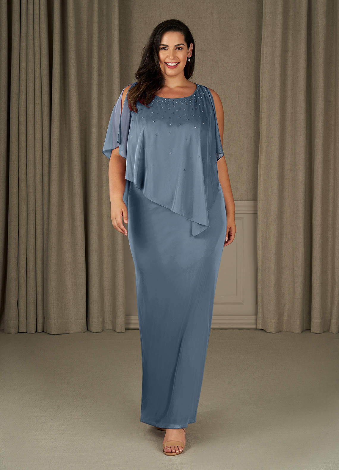 Azazie Aspyn Mère de la mariée Robes Robe Fourreau en Maille Perlé Bleu Poussiéreux image1