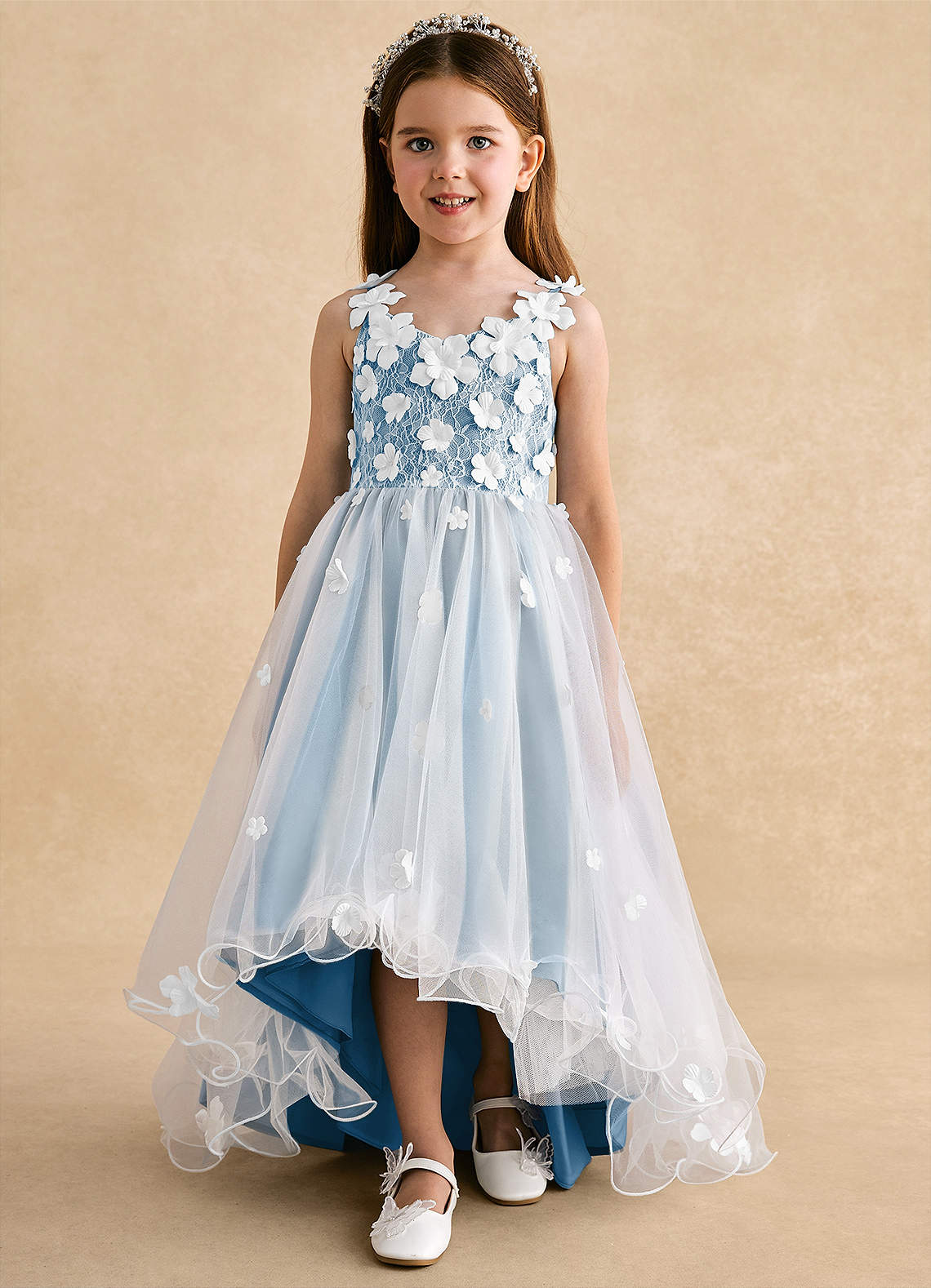 Azazie Celia Steel Blue A-Line Lace Tulle Dress | Azazie