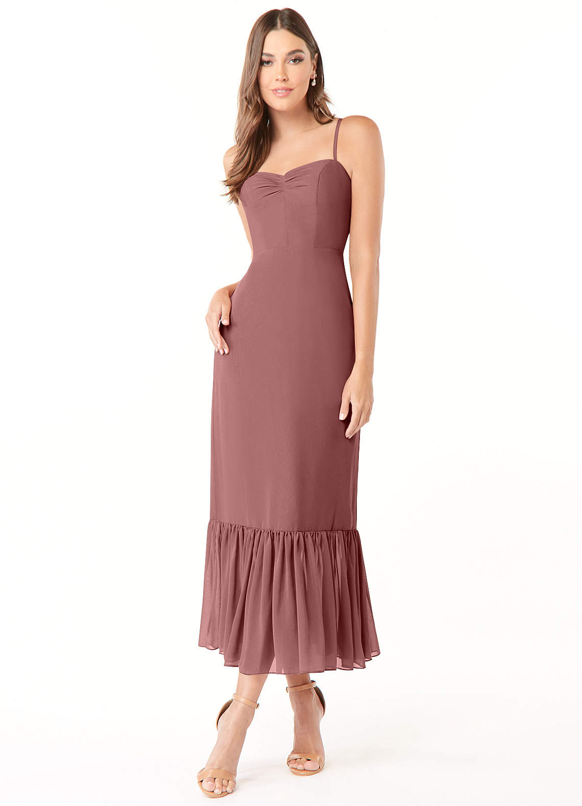 Azazie Justina Robes de demoiselle d'honneur Robe Trapèze en Mousseline de soie Encolure en Forme de Cœur Rose Du Désert image1