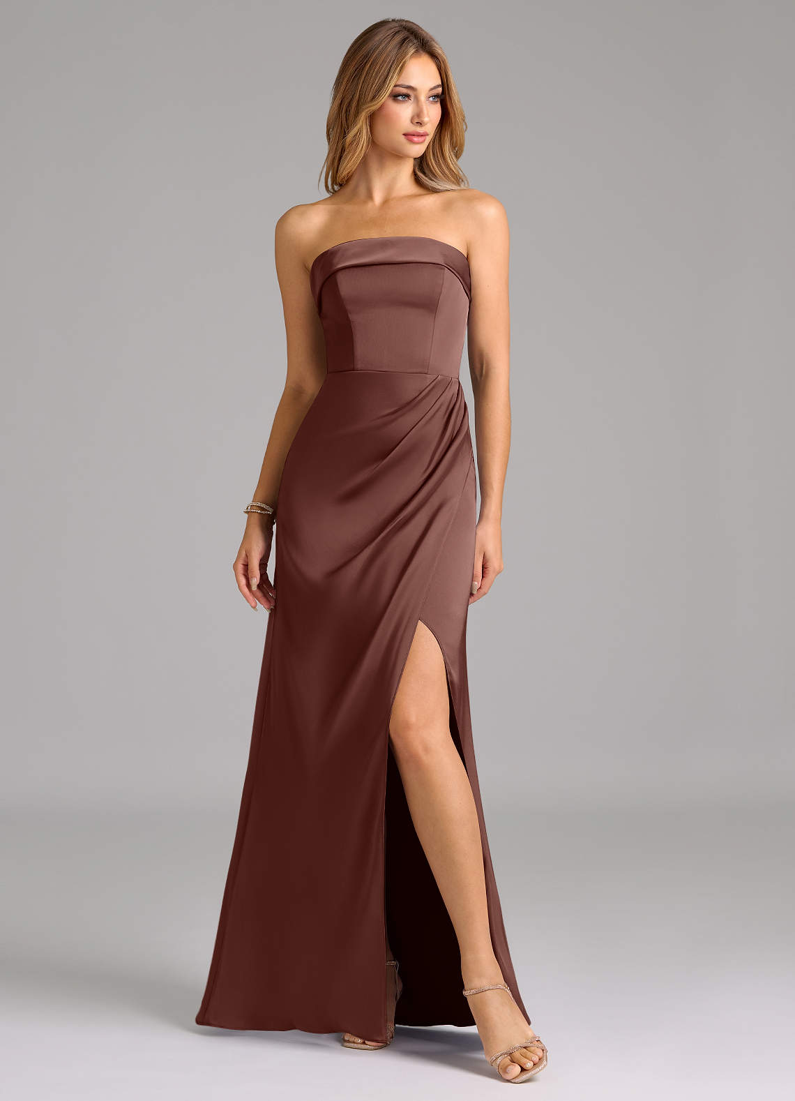 Azazie Aretha Espresso Stretch Satin Bridesmaid Dresses | Azazie