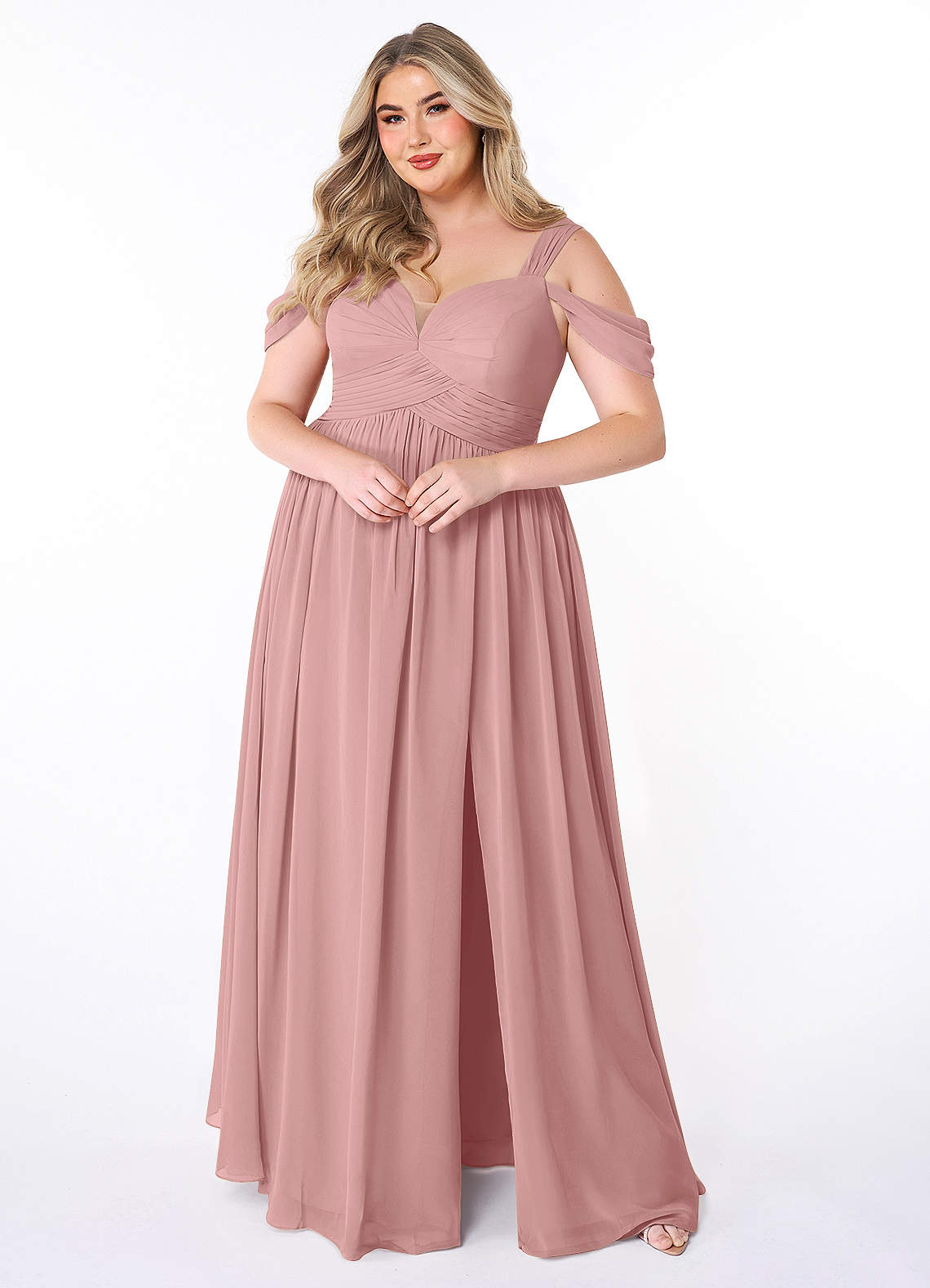 Azazie Lianne Vestidos de damas de honor Vestido de Rosa Polvorienta de Gasa de Corte en A con Vestidos sin tirantes image1