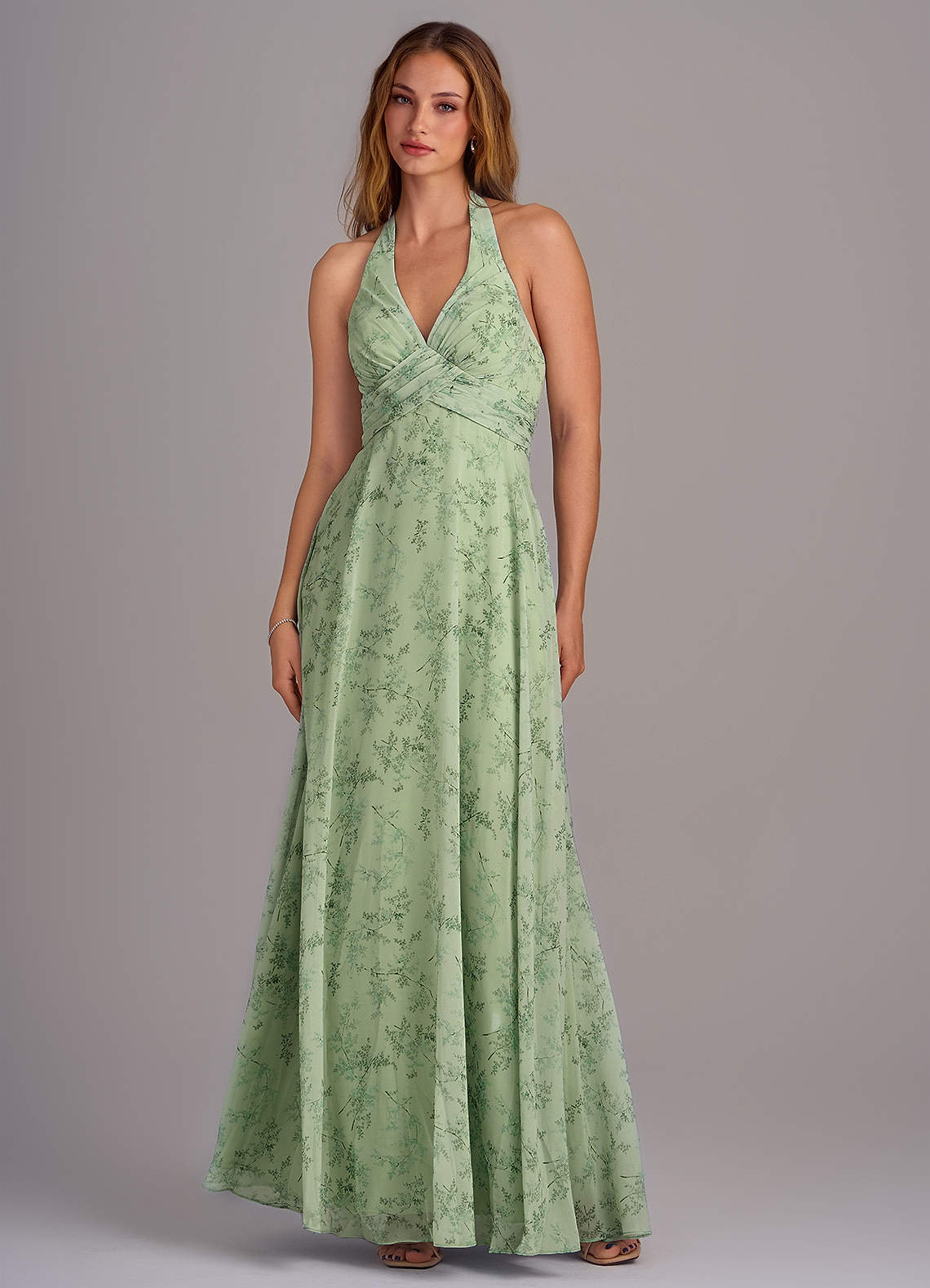 green pleated chiffon dress ZAPAKA Women A-Line Dark Green Tiered Chiffon Bridesmaid Dress with Pleated V-Neck Long Wedding Party Dress, Chiffon color / US20W main image 1