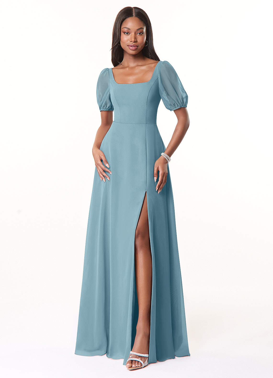 Azazie Alani Bridesmaid Dresses Moody Blue A-Line Square Neckline Chiffon Dress image1
