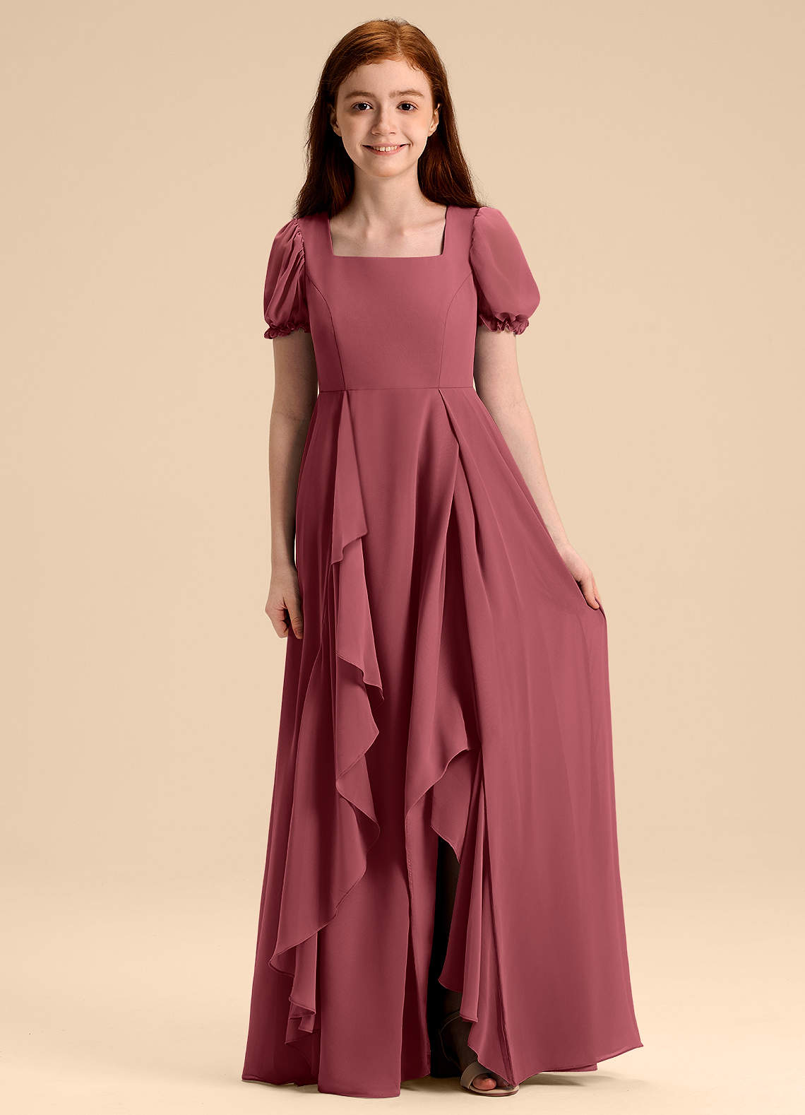 Azazie Priya Junior Merlot A-Line Blouson Chiffon Dress image1