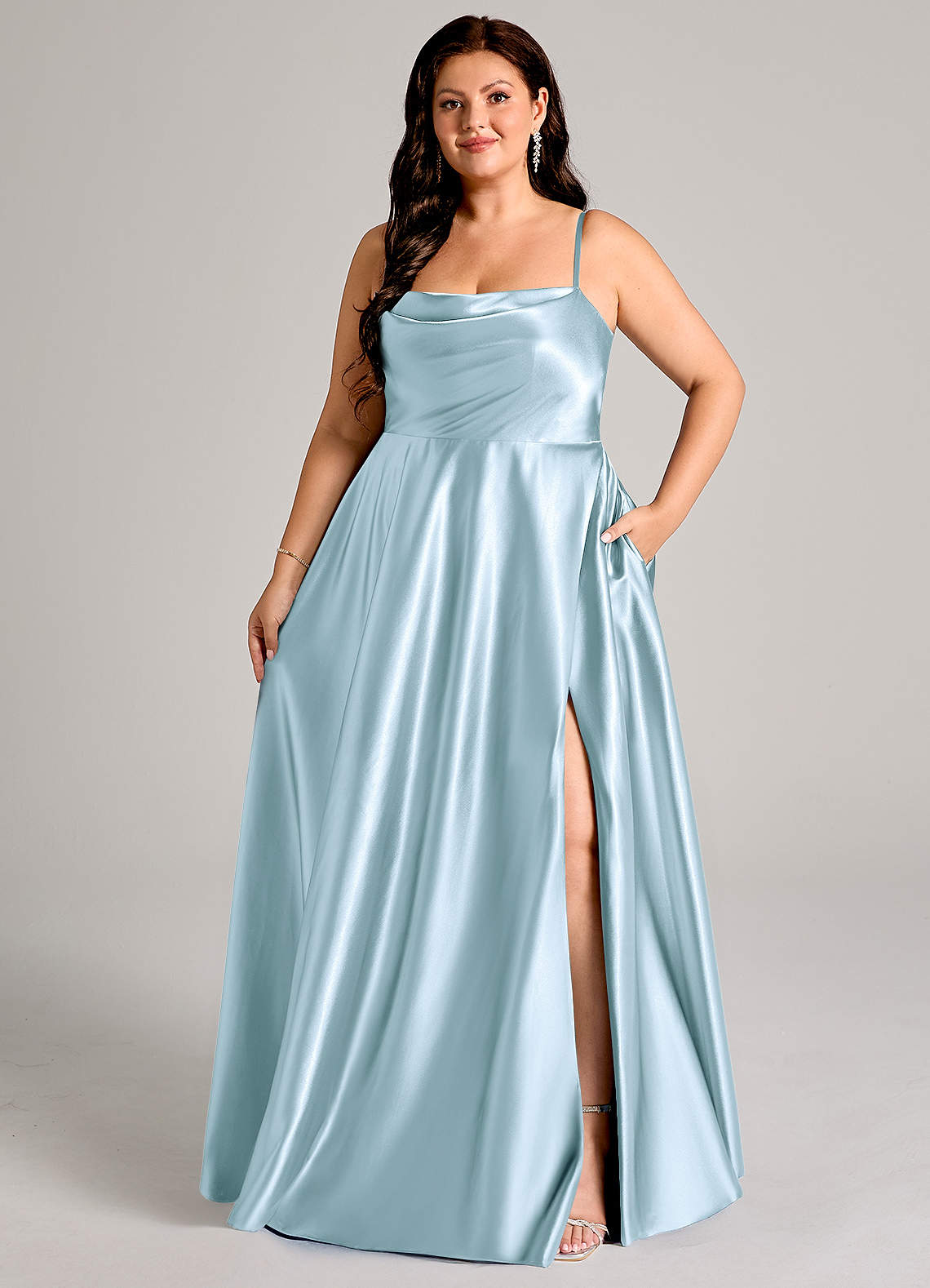 Azazie Elle Bridesmaid Dresses Sky Blue A-Line with Pockets Metallic Satin Dress image1