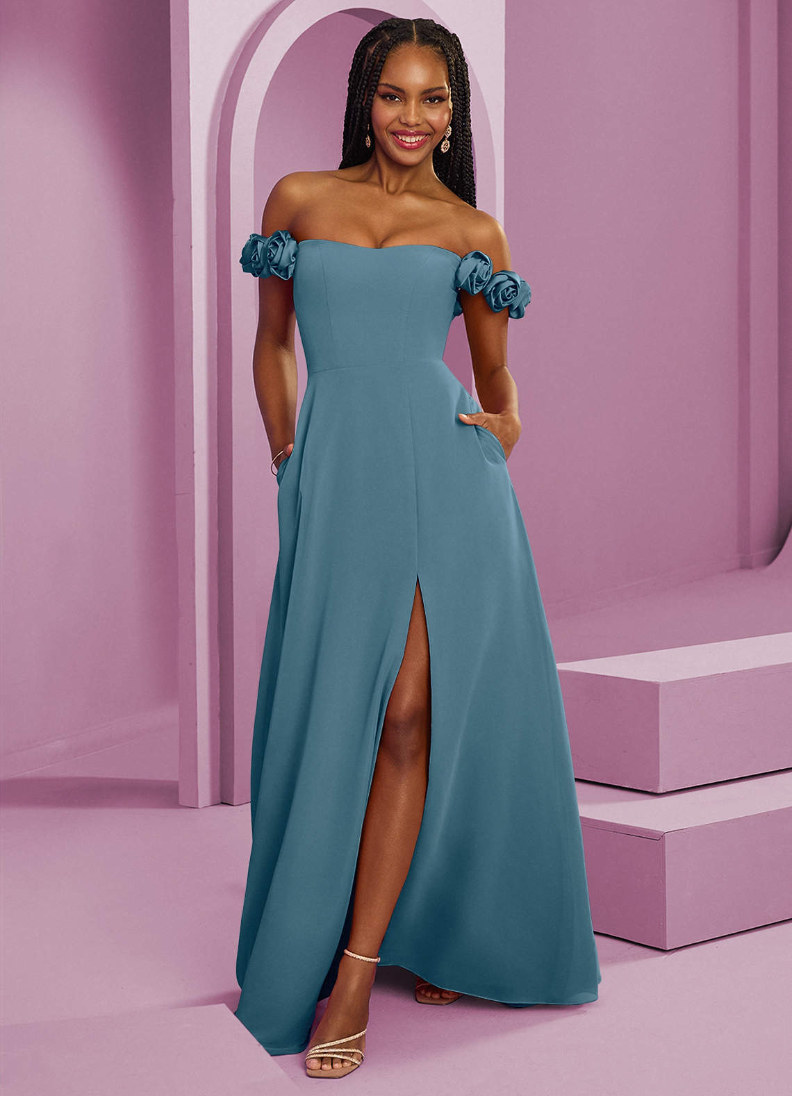 Barbie ♥ Azazie 신부 들러리 드레스 로제트 오프숄더 쉬폰 A라인 드레스 image1