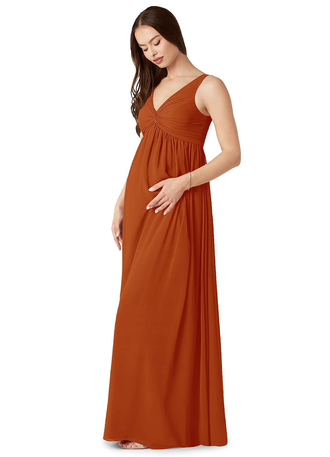 Azazie Yetta Maternity Bridesmaid Dresses A-Line V-Neck Gathered Chiffon Floor-Length Dress image3