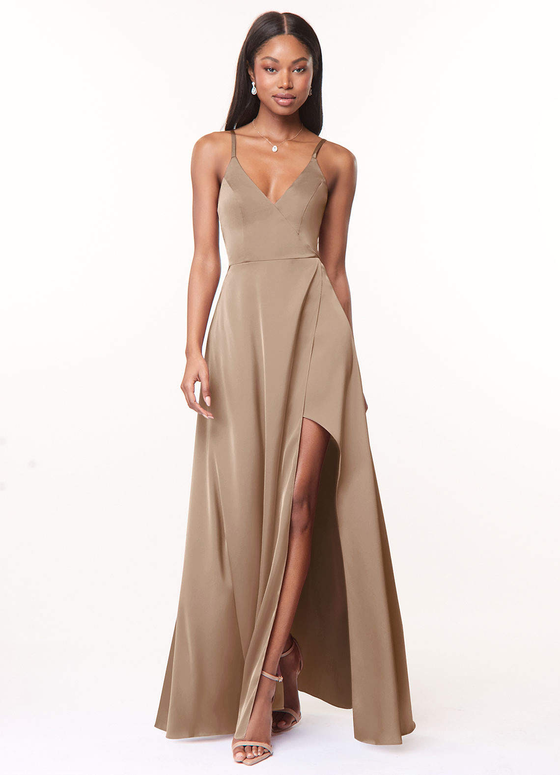 green emerald velvet dress Tan Grecian Maxi Long Formal Prom Evening Dress with Slit EN5602 Size 14 / Tan