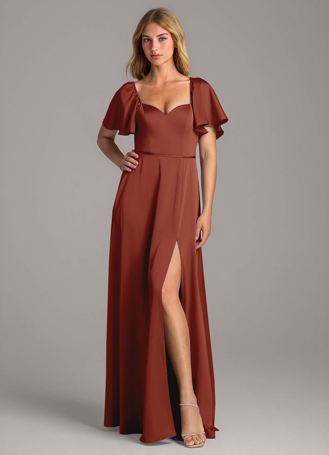 Azazie Chloe At-home Try On Dresses Matcha A-Line Sweetheart Neckline Stretch Satin Dress image1