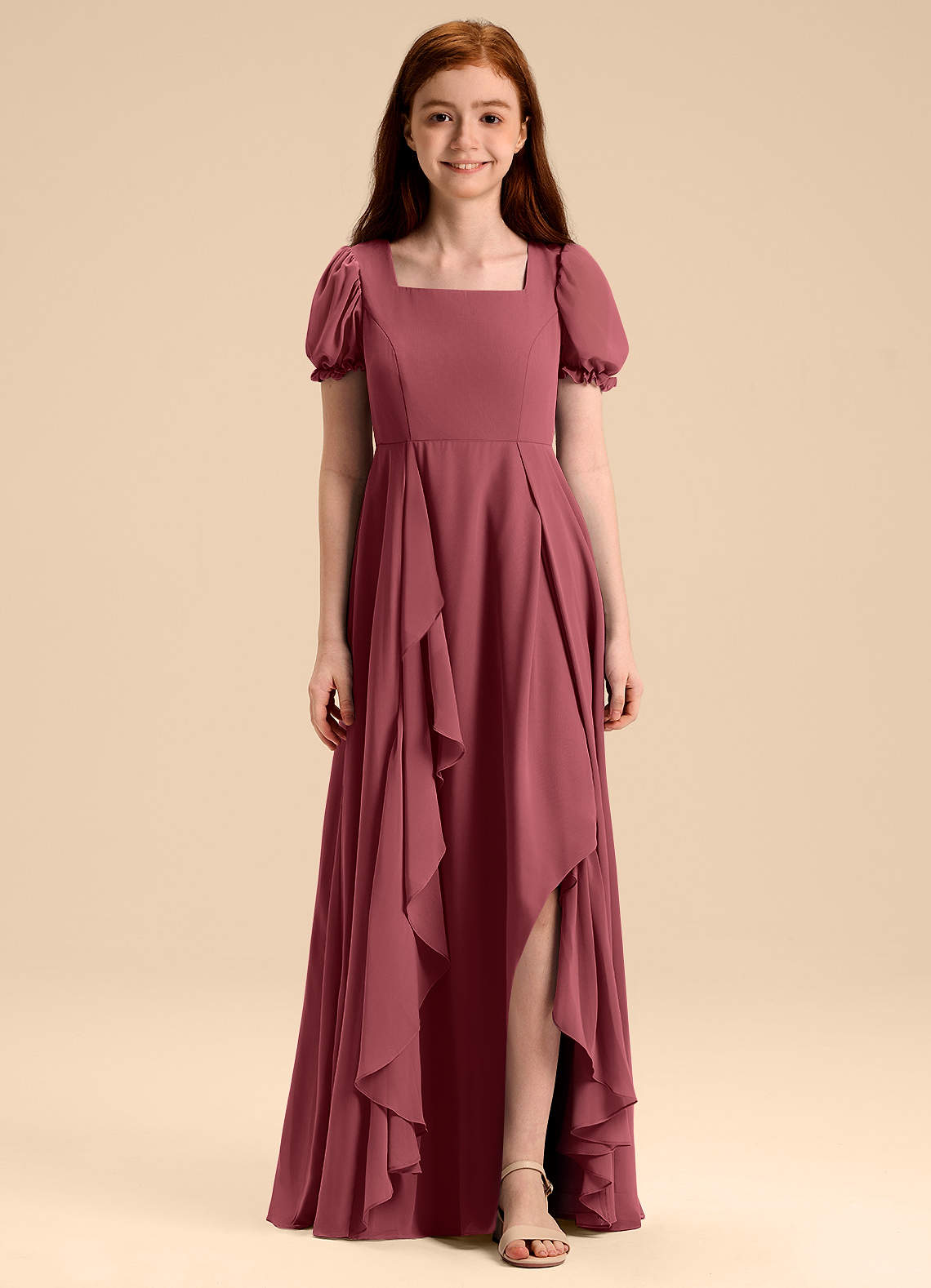 Azazie Priya Junior Merlot A-Line Blouson Chiffon Dress image1