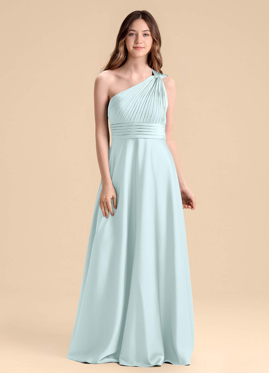 Azazie Charlize Junior Sea Glass A-Line Pleated Stretch Satin Dress image1