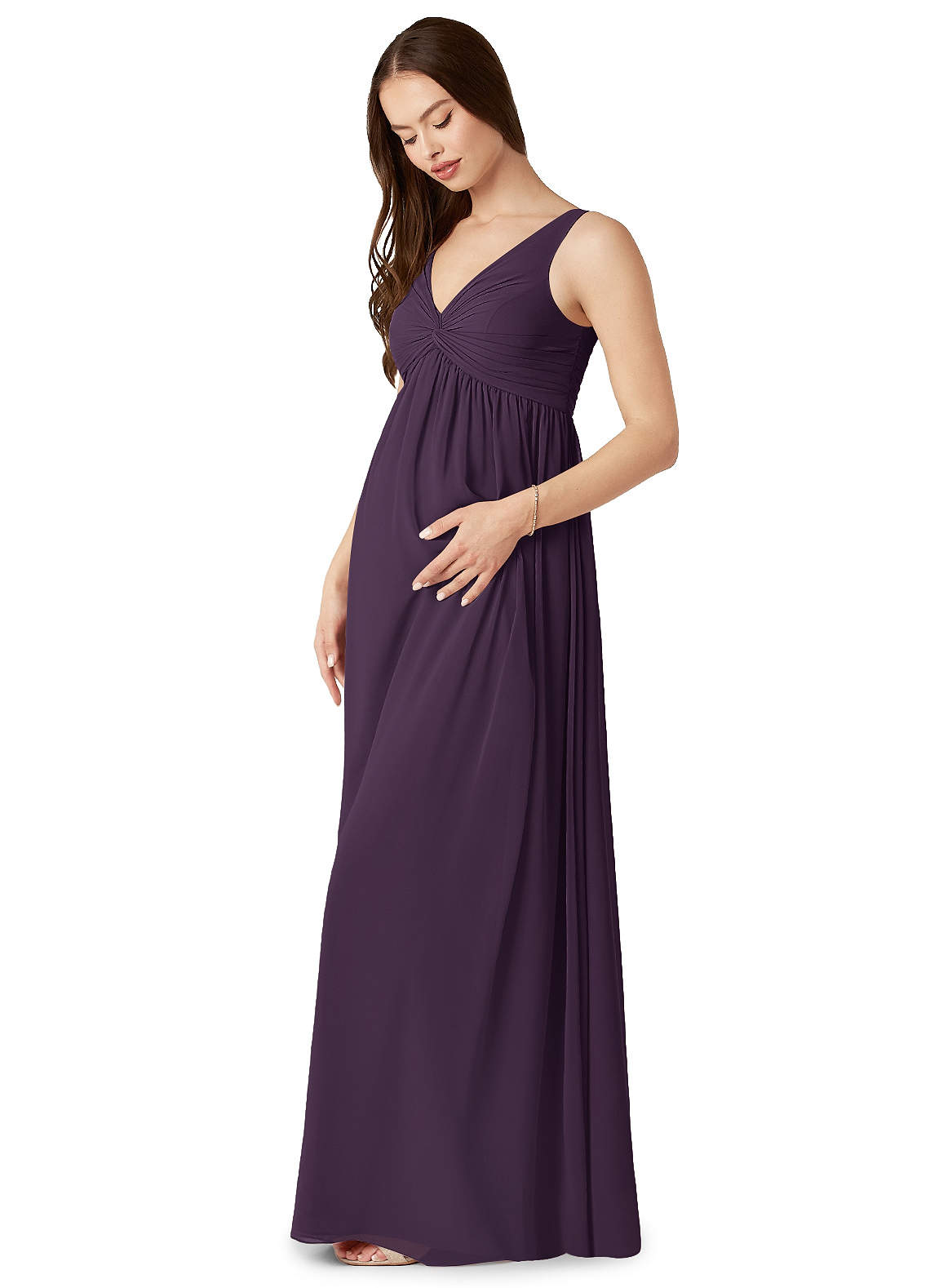 Azazie Yetta Probar vestidos en casa Vestido de Corte en A Cuello en V fruncido Hasta el suelo Gasa image3