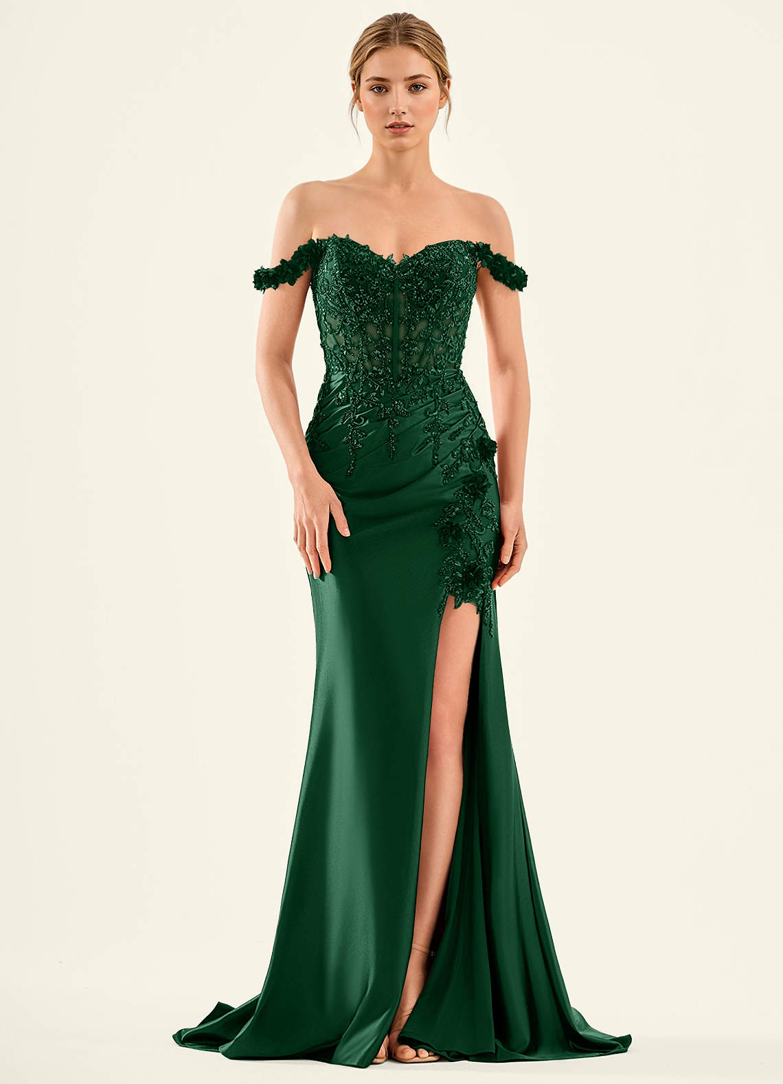 dark green floral formal dress Corraon Mermaid Off-Shoulder Corset Prom Ready to Ship make up desk