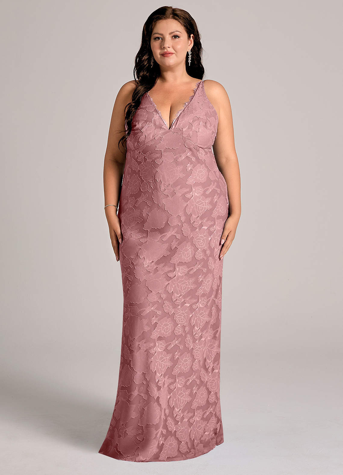 Azazie Tianna Bridesmaid Dresses Dusty Rose Sheath Lace Floral Burnout Dress image1